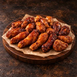 PizzAventuras chicken wings with sauce on a wooden board