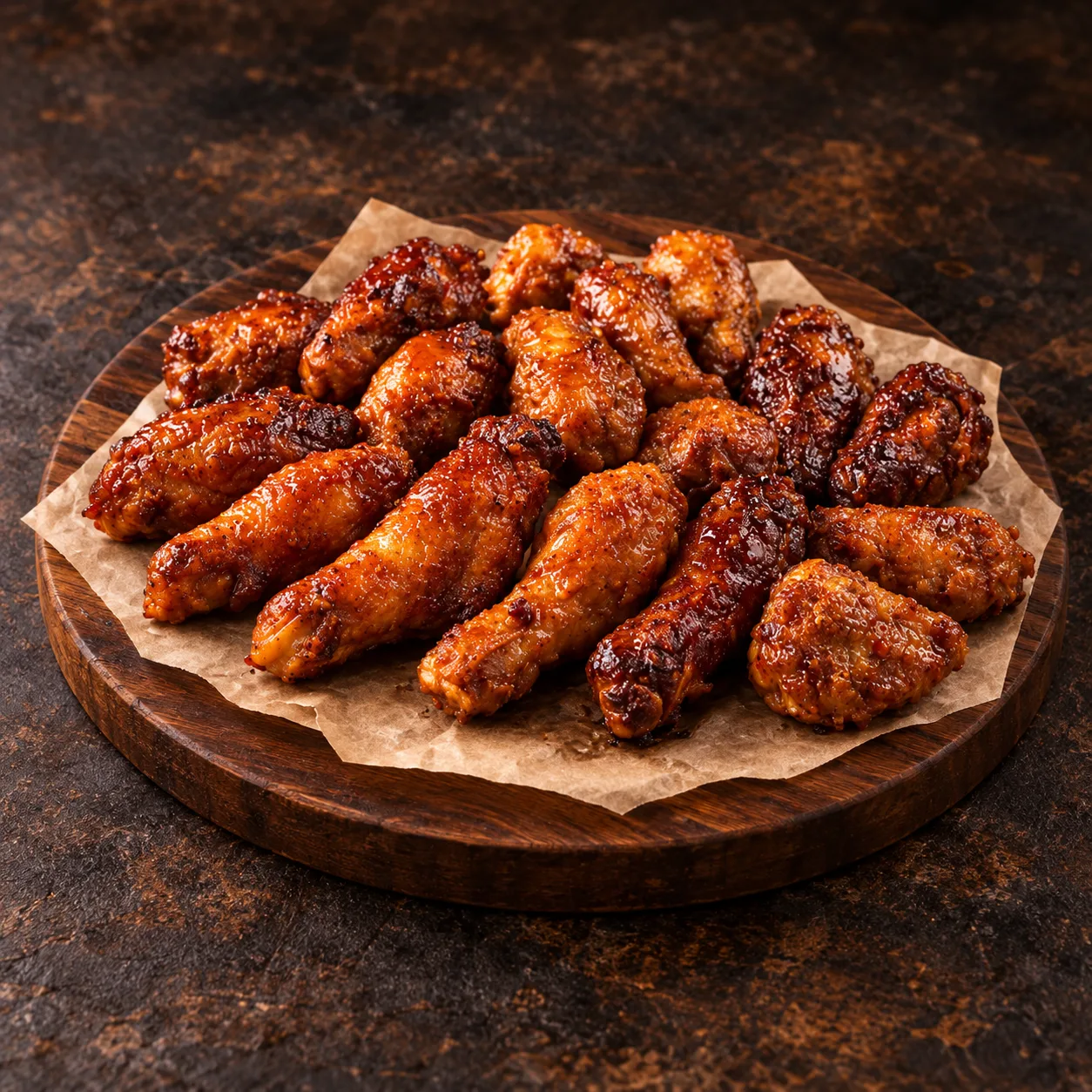 PizzAventuras chicken wings with sauce on a wooden board