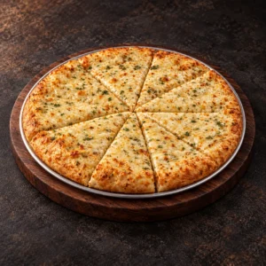 PizzAventuras garlic bread pizza with cheese and herbs on a wooden board