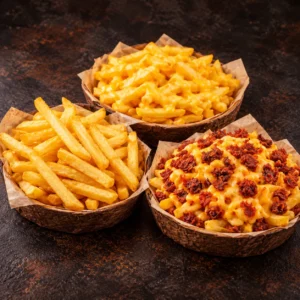PizzAventuras French fries: plain, with cheese, and with cheese and chorizo