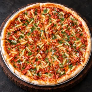 PizzAventuras Al Pastor Pizza with al pastor meat, onion, fresh pineapple and cilantro