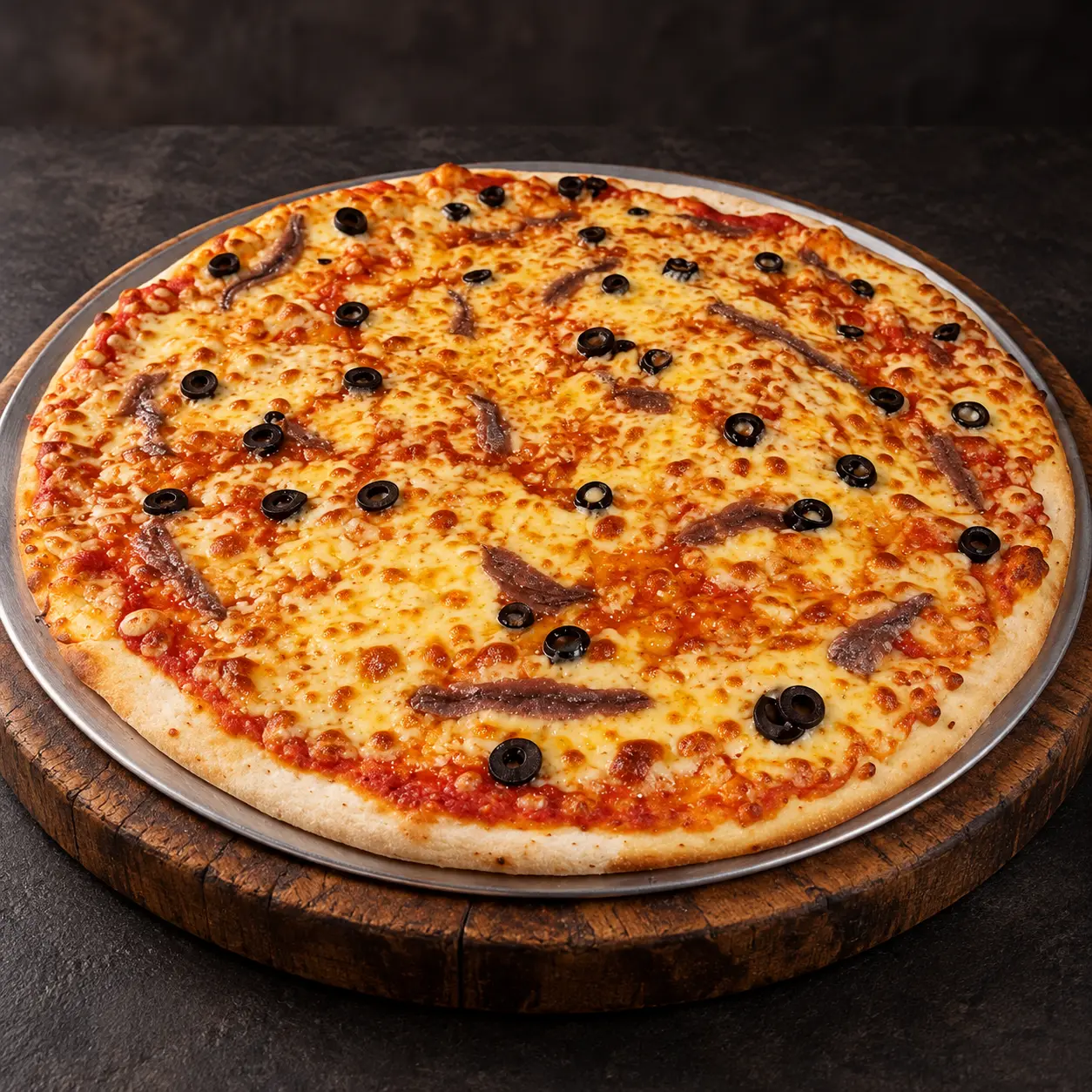 PizzAventuras Anchovy Pizza with black olives and cheese