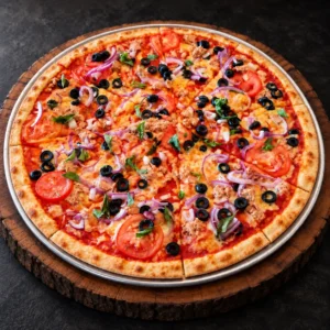 PizzAventuras Tuna Pizza with tomato, onion and black olives
