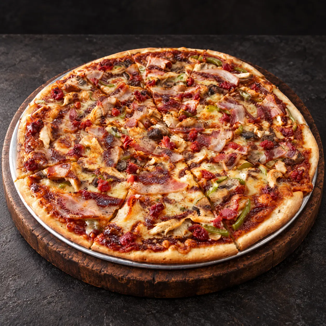 PizzAventuras BBQ Aventuras Pizza with chicken, bacon, chorizo, mushrooms, onion and green bell pepper