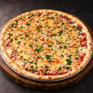 PizzAventuras Shrimp Pizza with garlic and cilantro