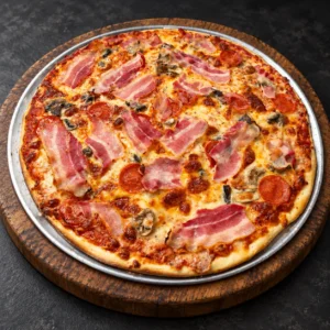 PizzAventuras Canadian Pizza with pepperoni, mushrooms and bacon