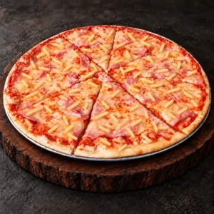 PizzAventuras Hawaiian Pizza with ham and fresh pineapple cut into thin strips