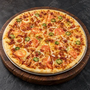 PizzAventuras Mexican Pizza with chorizo, sliced tomato, onion and jalapeños