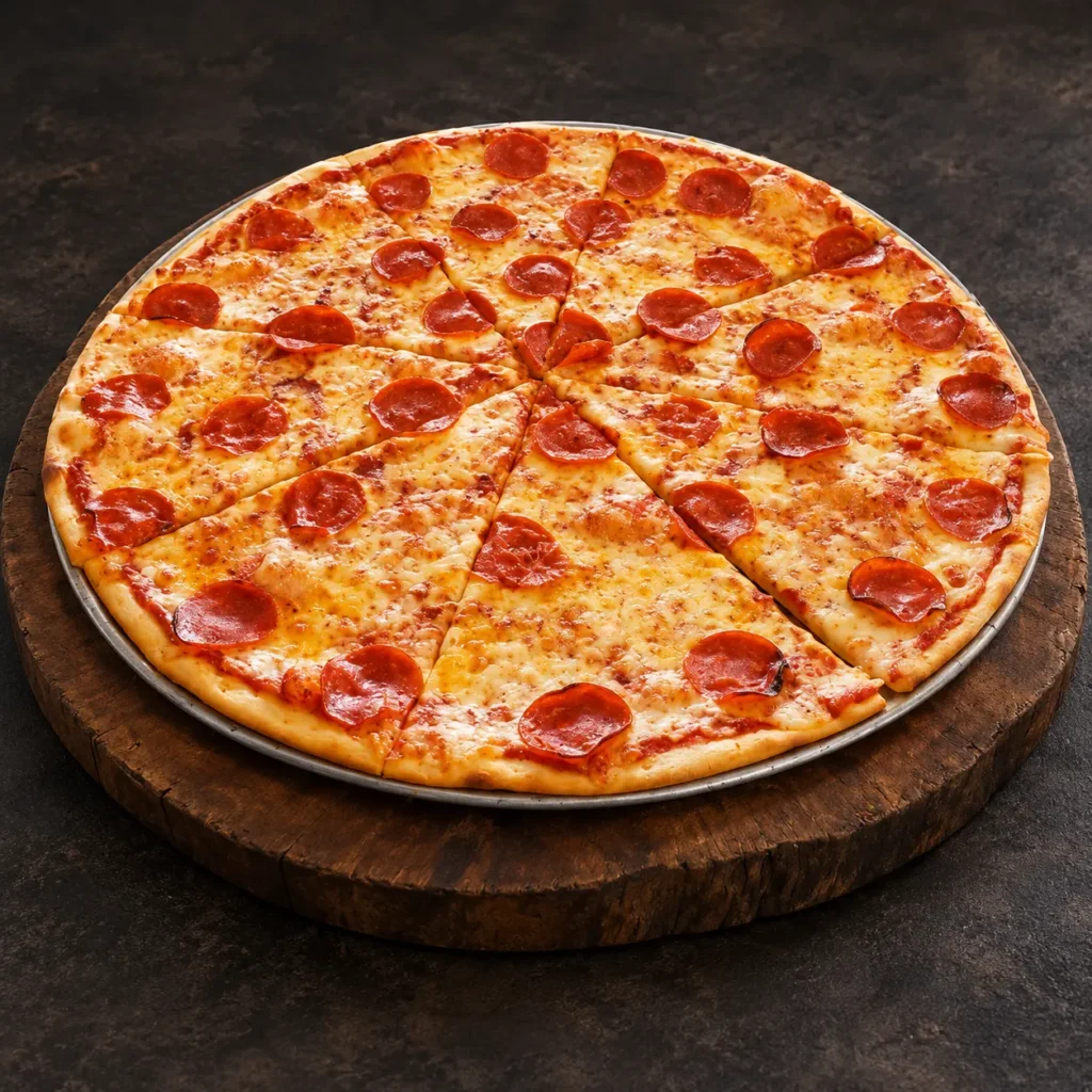 Pizza Pepperoni de PizzAventuras con queso fundido y pepperoni sobre una tabla de madera