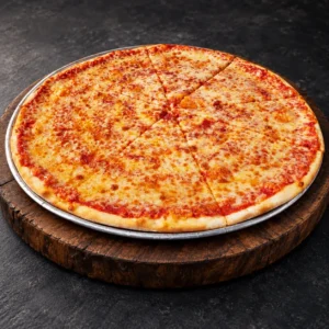 PizzAventuras Cheese Pizza with browned cheese on a wooden board