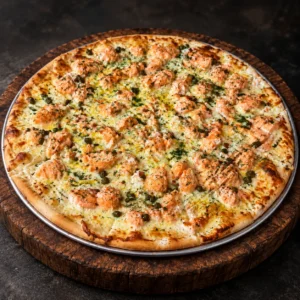PizzAventuras Salmon Pizza with cream cheese, onion, capers and dill