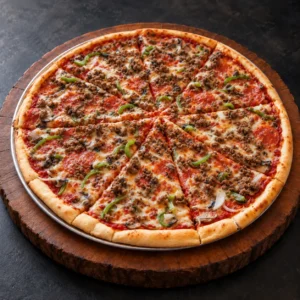 PizzAventuras Supreme Pizza with pepperoni, ground beef, mushrooms, onion and green bell pepper