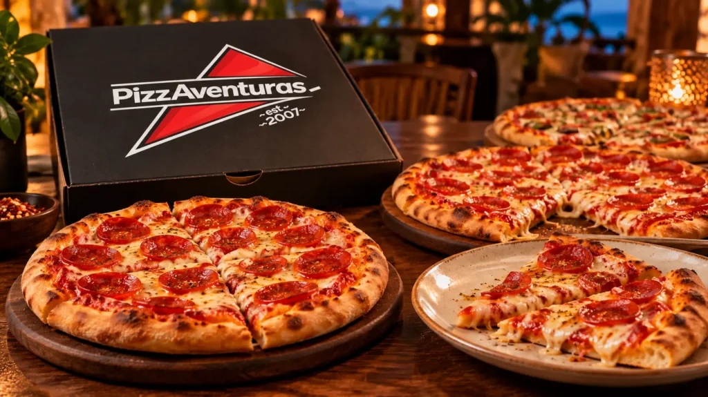 Pizzas and slices to share beside a box with the PizzAventuras logo; illustrative image