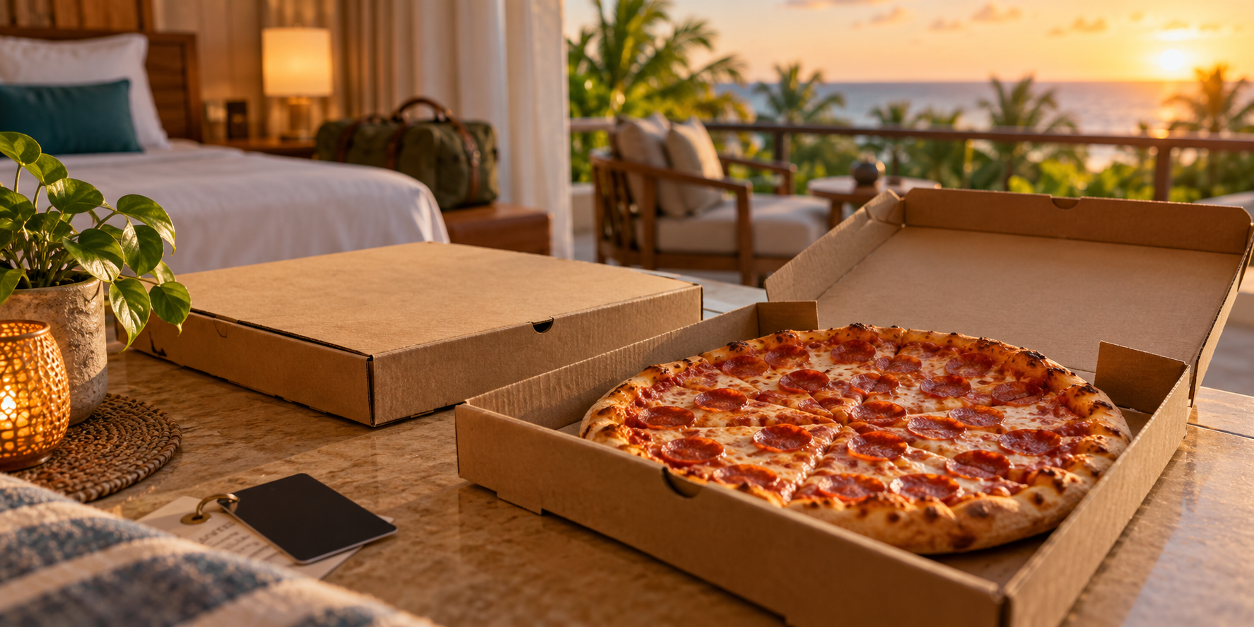 Pizza en una terraza de hotel de Riviera Maya; imagen ilustrativa