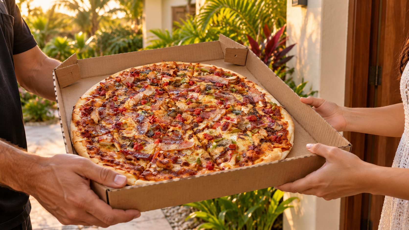 Entrega de una pizza a domicilio en una casa rodeada de plantas tropicales