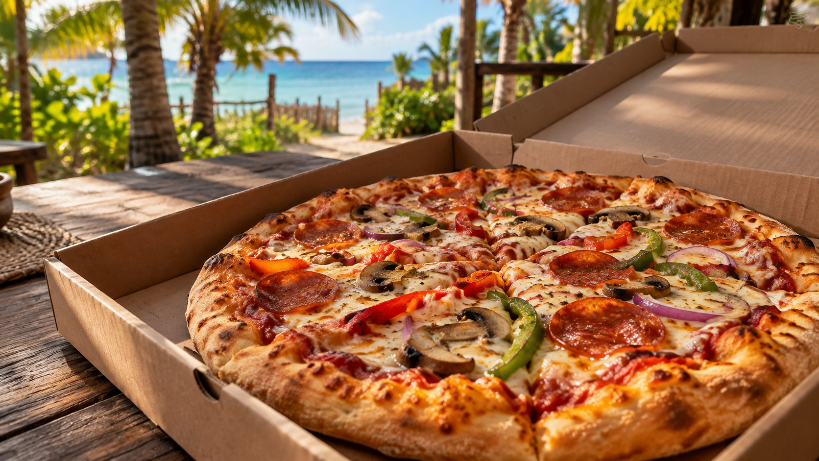 Pizza en caja sobre una mesa en un entorno tropical junto al mar