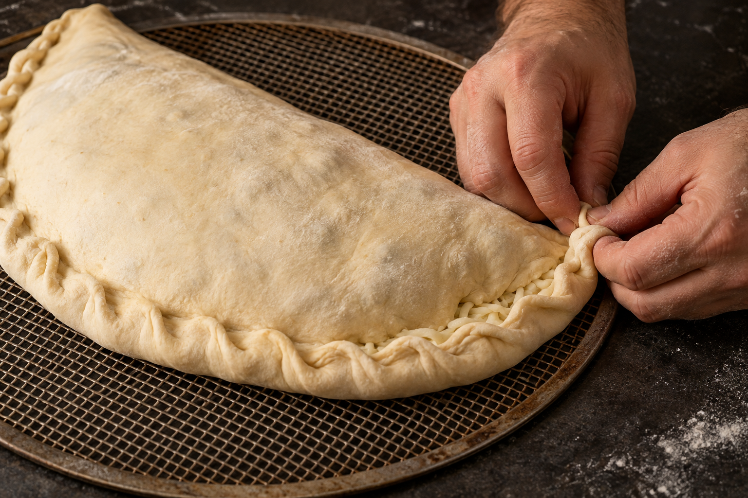 El borde de la masa del calzone se sella a mano; puede llevar queso para una orilla rellena.