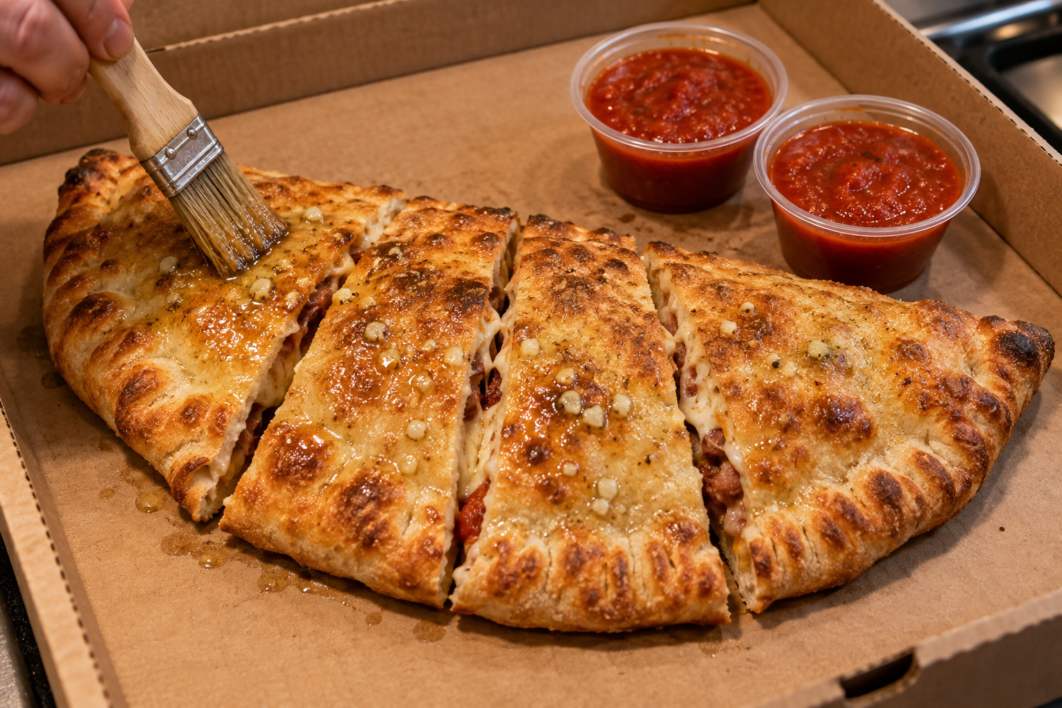 Calzone terminado con ajo, aceite de oliva y dos porciones pequeñas de salsa marinara.