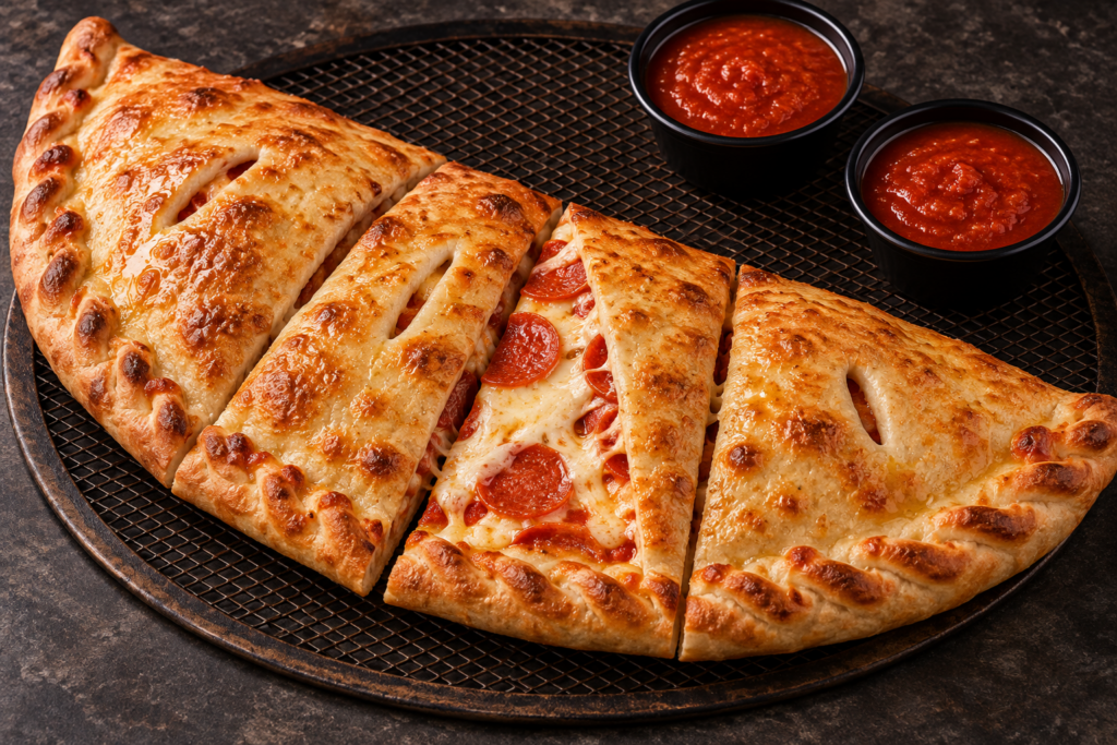 Calzone de pepperoni con salsa marinara para dipear.
