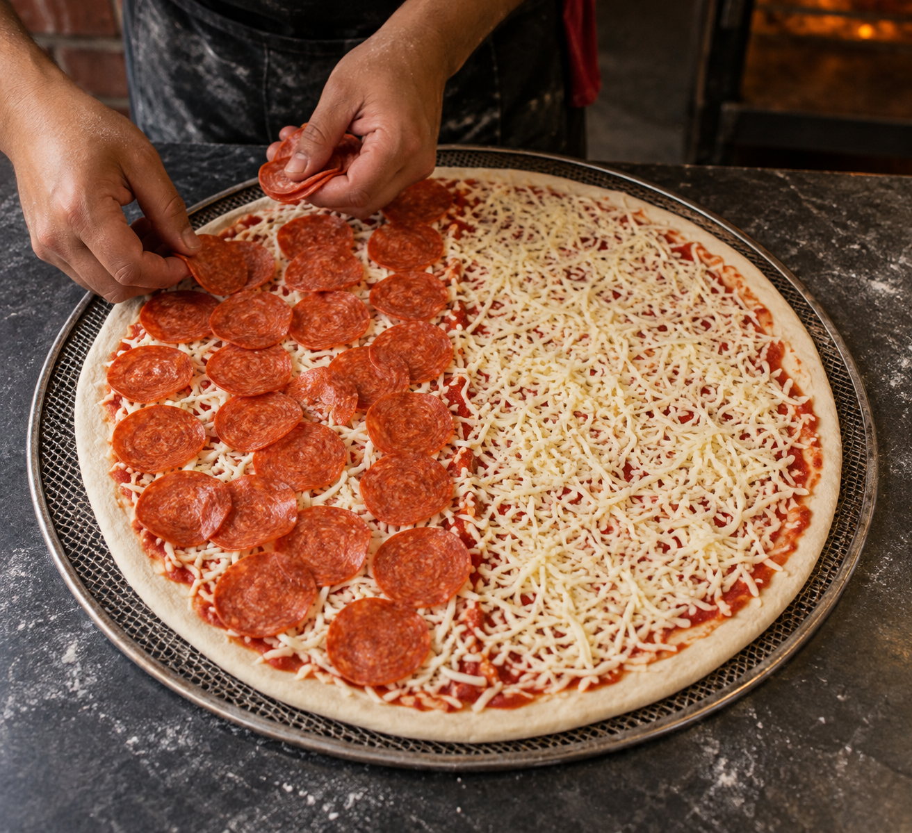 Salsa marinara, queso y pepperoni colocados sobre una mitad de la masa para calzone.