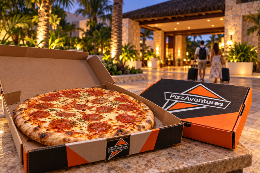 Pizza and boxes with the PizzAventuras logo in front of a hotel entrance.