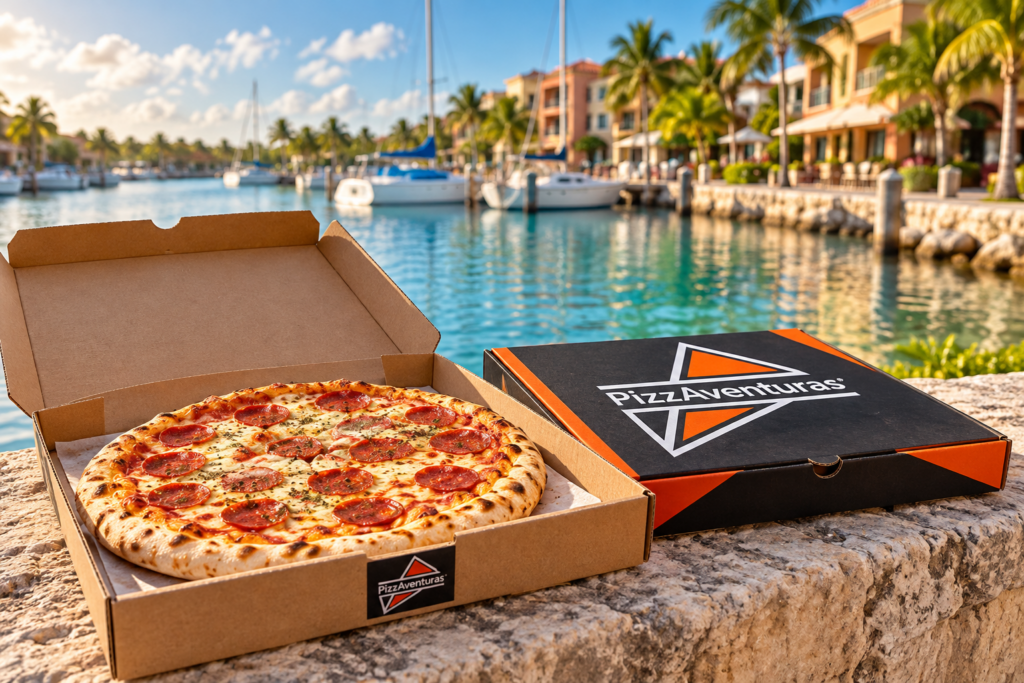 Pizza and a box with the PizzAventuras logo beside a tropical marina; illustrative image.
