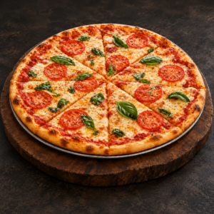 Pizza Margarita de PizzAventuras con salsa marinara, queso, rodajas de tomate y albahaca