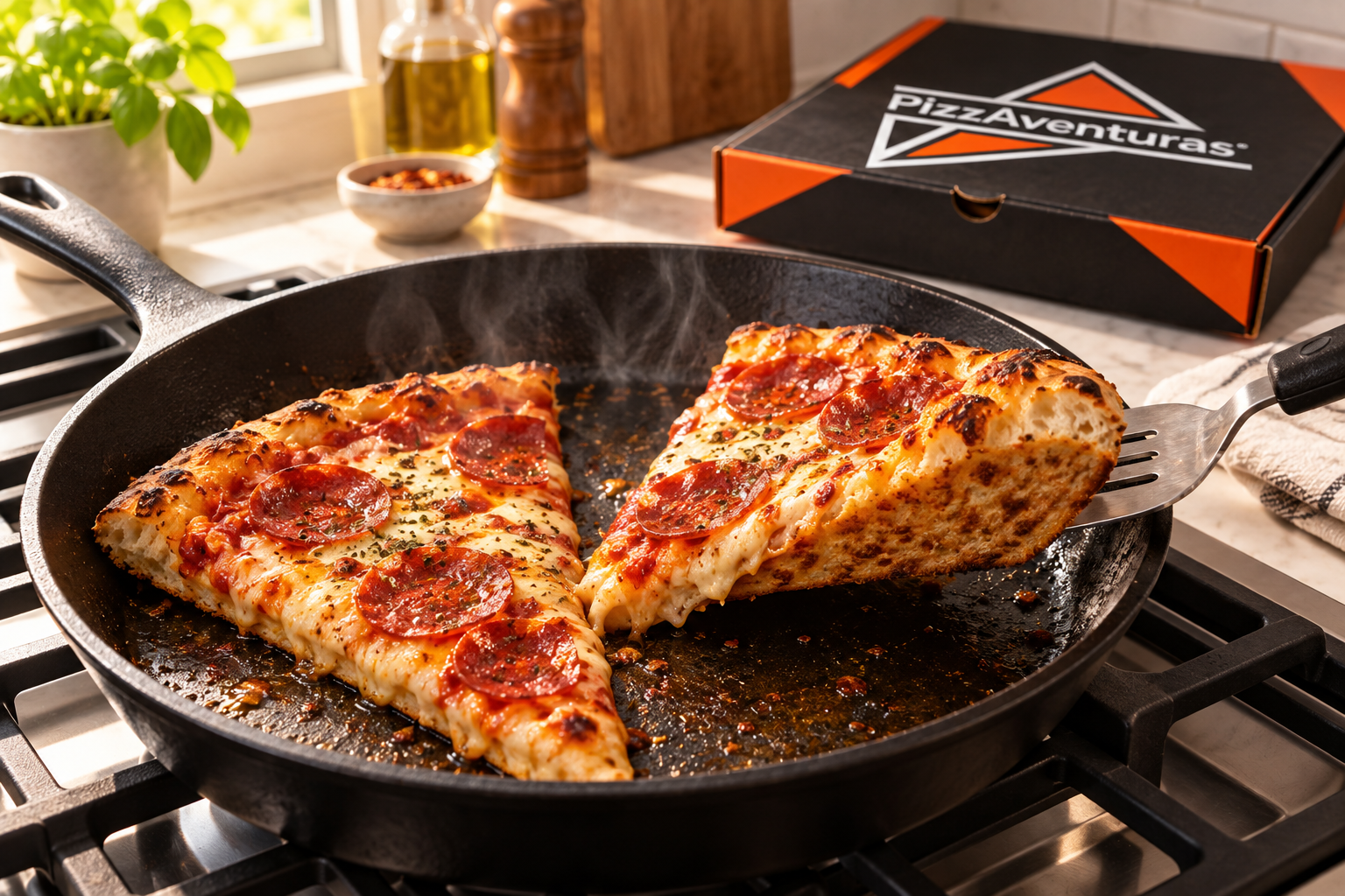 Pizza slices reheating in a skillet beside a box with the PizzAventuras logo; illustrative image.