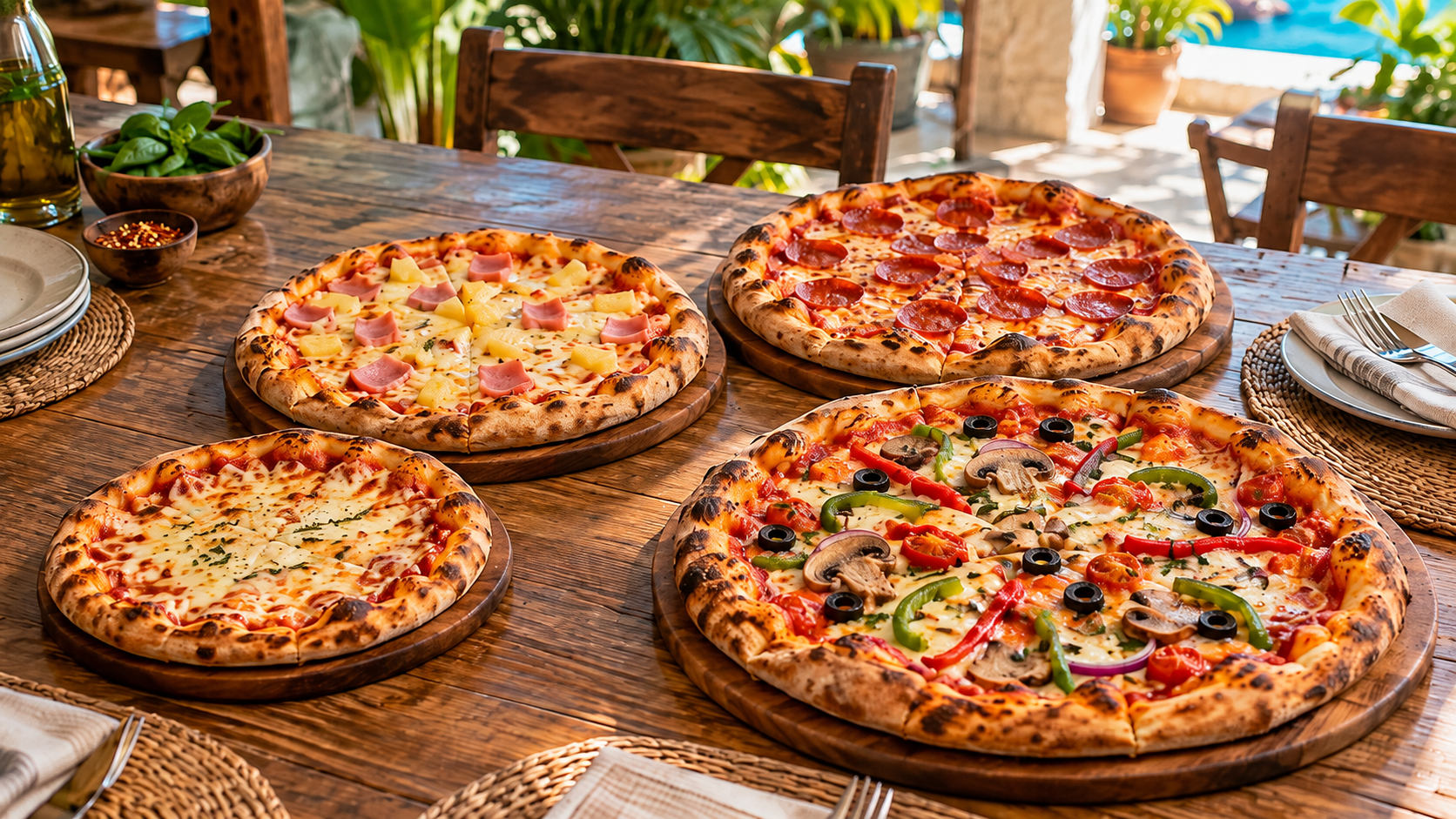Cuatro pizzas de distintos sabores sobre una mesa de madera al aire libre.