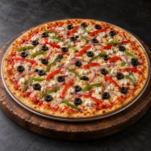 PizzAventuras Greek Pizza with green and red bell peppers, red onion, olives, goat cheese and oregano