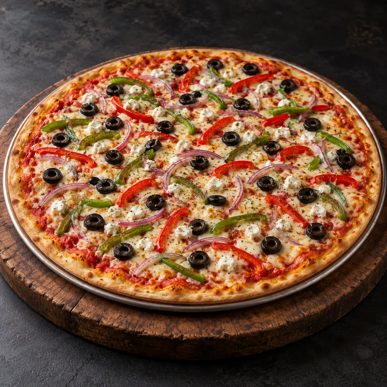 PizzAventuras Greek Pizza with green and red bell peppers, red onion, olives, goat cheese and oregano