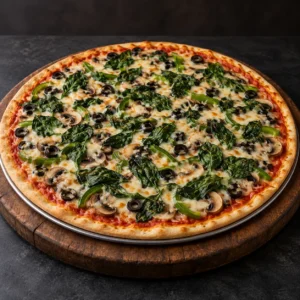PizzAventuras Vegetarian Pizza with mushrooms, green bell pepper, black olives, cheese and spinach